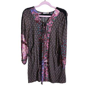 Grifflin Paris Bohemian Patchwork Long Balloon Sleeve Dress Pockets Size S